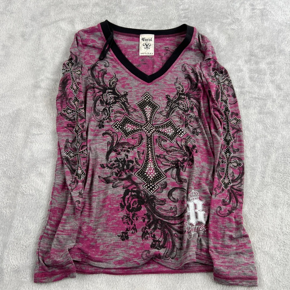 Vocal Rhinestone Cross Graphic Top S Pink Womens Y2K Gothic Long Sleeve Tee